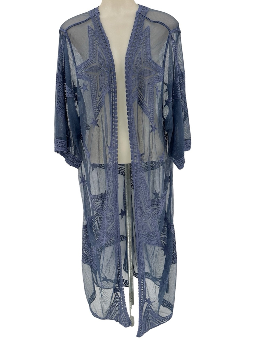 The Pyramid Collection Sheer Lace Kimono in Dusty Blue Pretty Stars Design Maxi